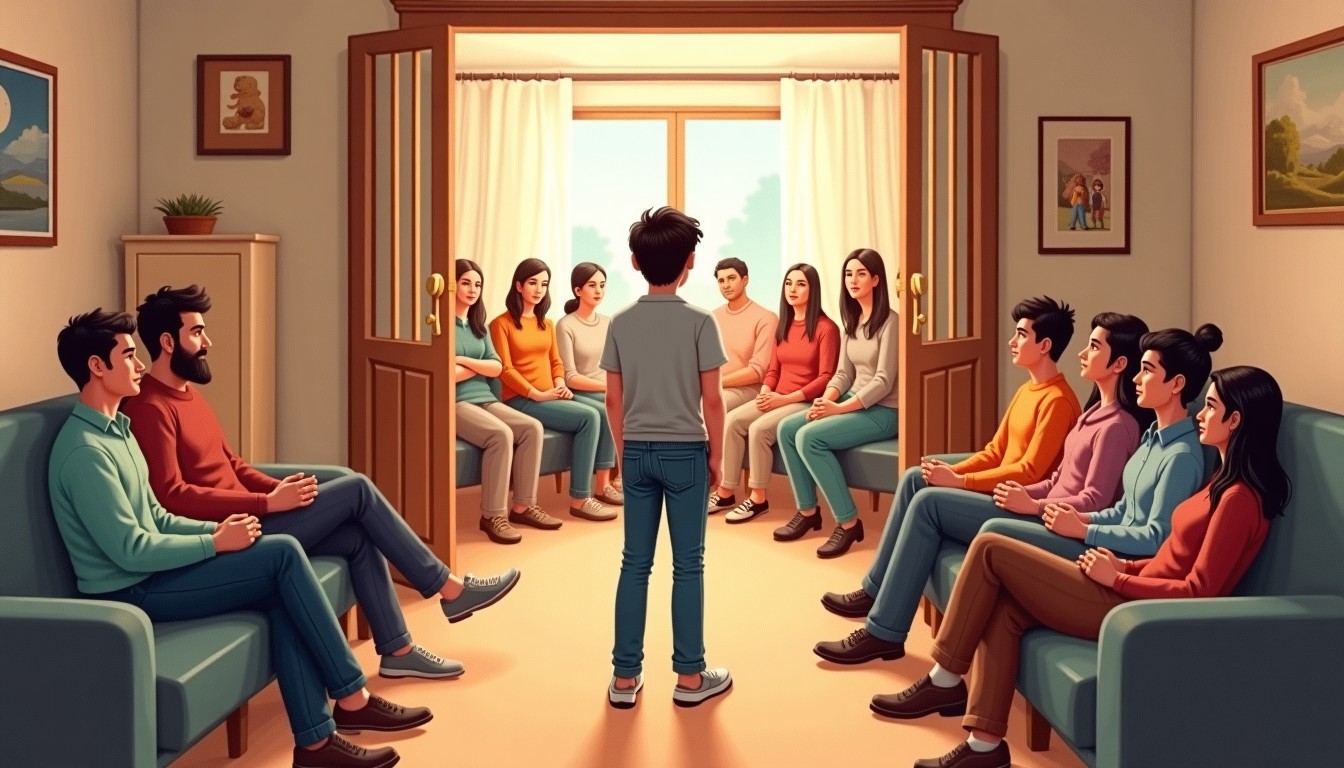 A confused person arriving at a circle party, unsure what to do next.
