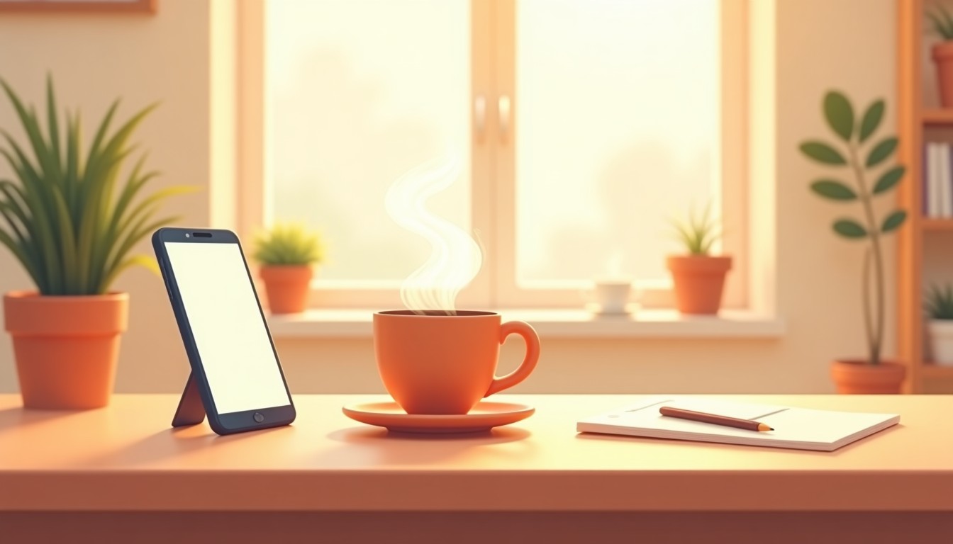A mug of coffee and a smartphone on a table, illustrating habit stacking.
