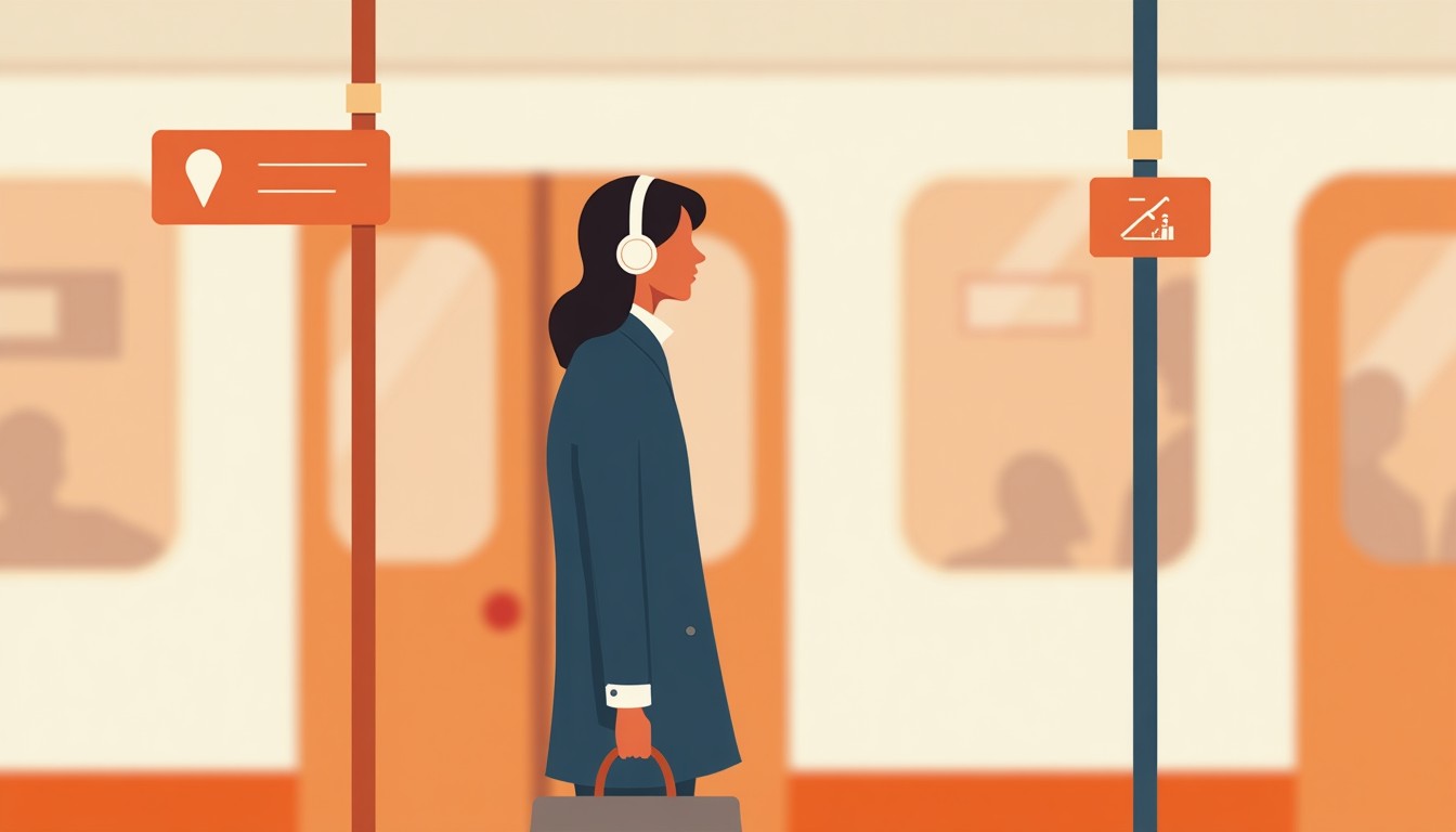 A person listening to headphones while waiting for a train.