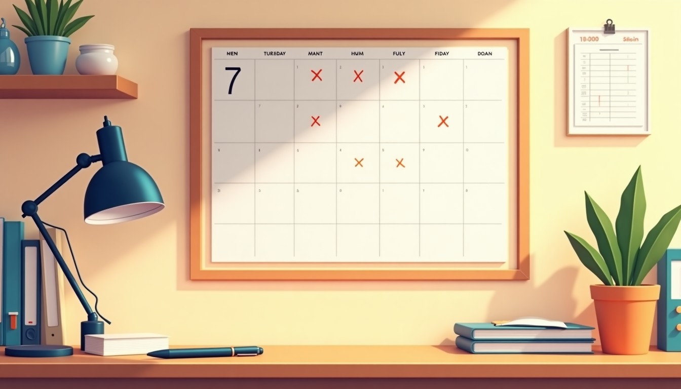 A wall calendar with days crossed off, showing a habit tracker.