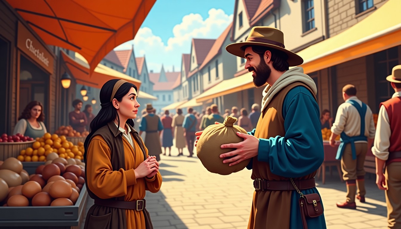 Illustration of a medieval Dutch market with a buyer and a sly merchant