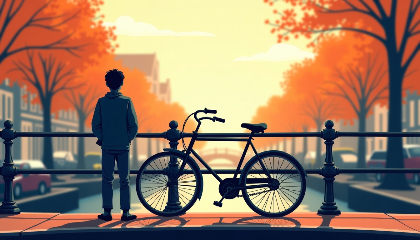 Disappointed person with a broken bicycle on an Amsterdam bridge