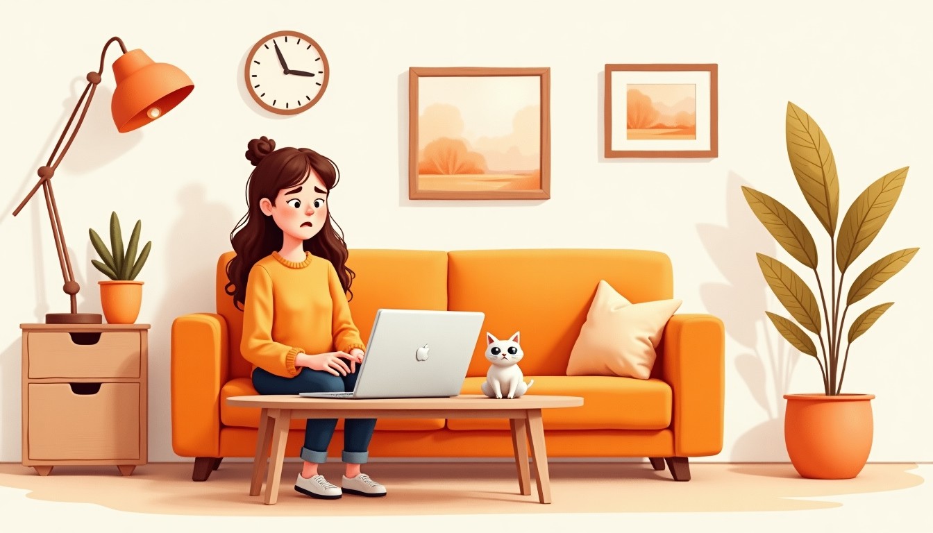 Person frustrated with a bad online purchase in a cozy living room