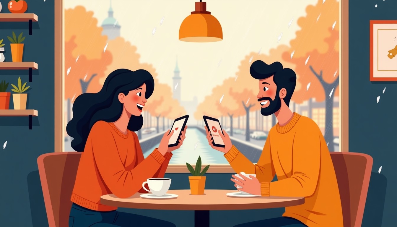 Two people at a cafe, one looking surprised at a phone notification.