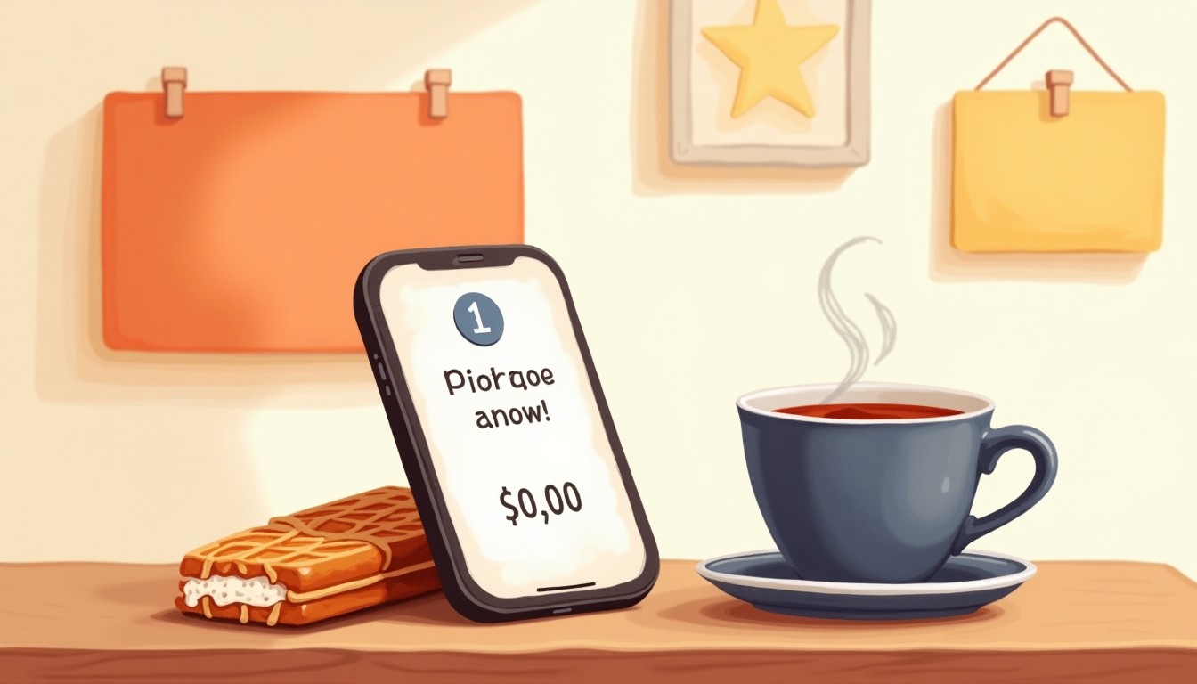 A smartphone showing a payment request next to a stroopwafel and tea.