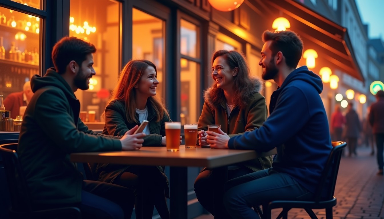 A group of friends outside a bar, one person gesturing to pay with their phone.