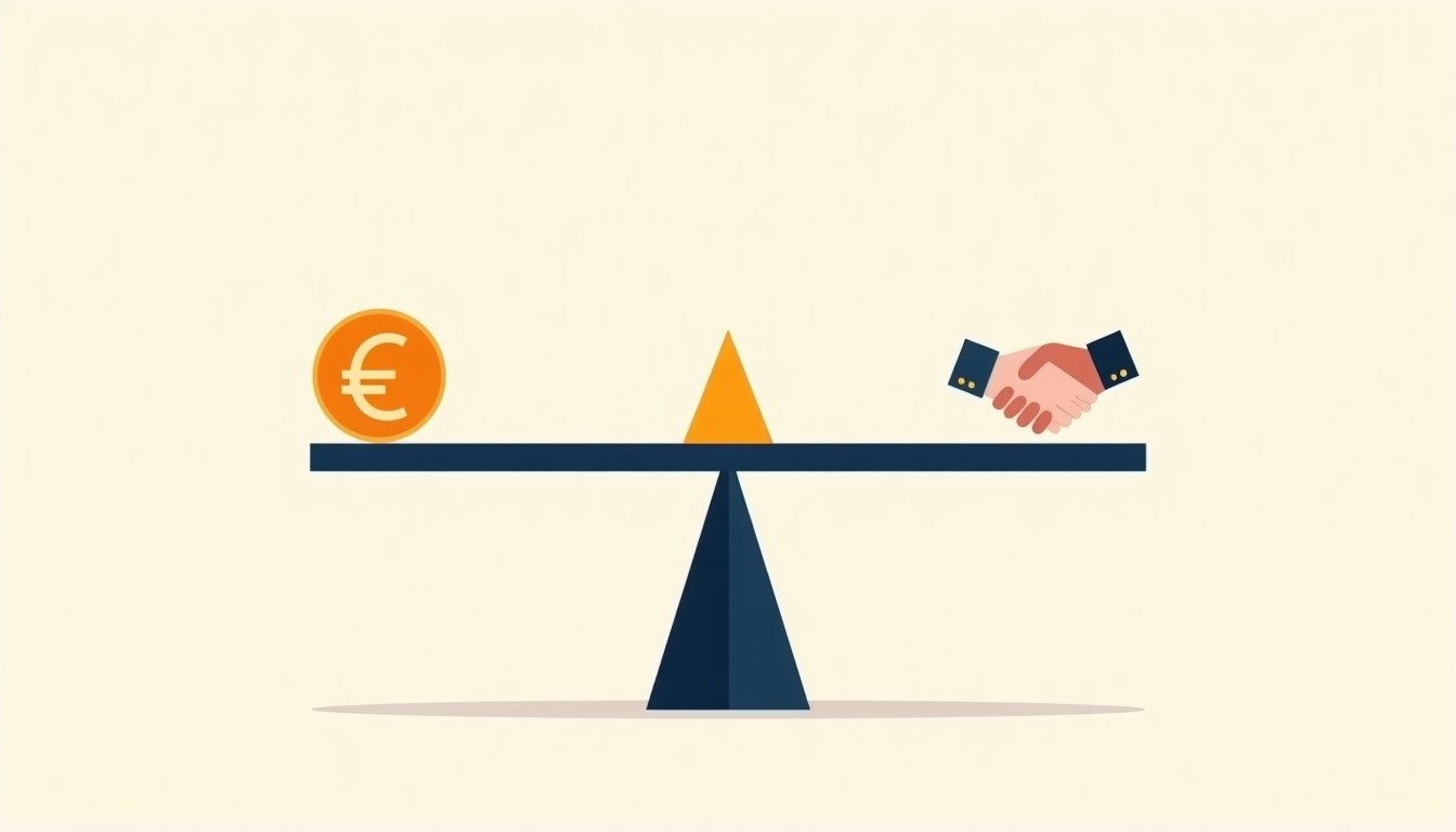 A balancing scale with a cent coin on one side and a handshake symbol on the other.