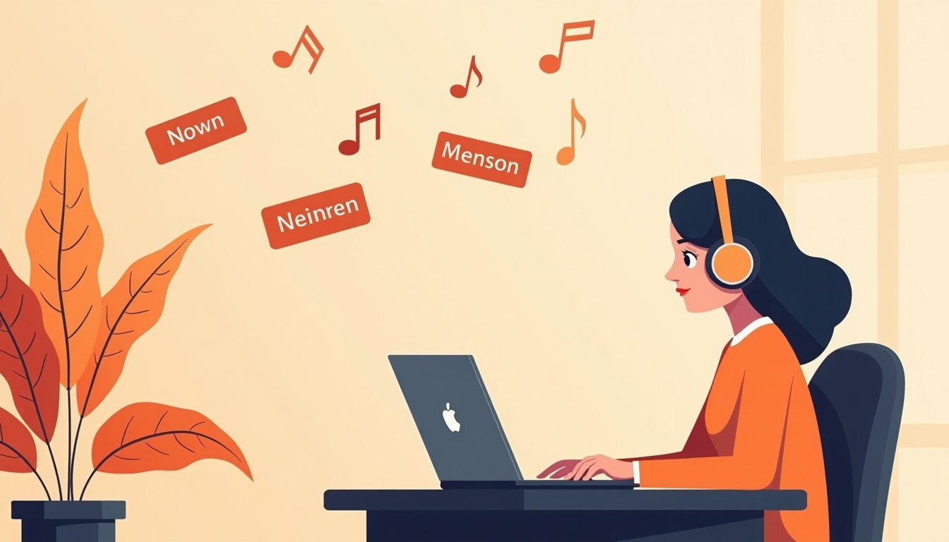 Person working at a laptop with headphones, ignoring floating words