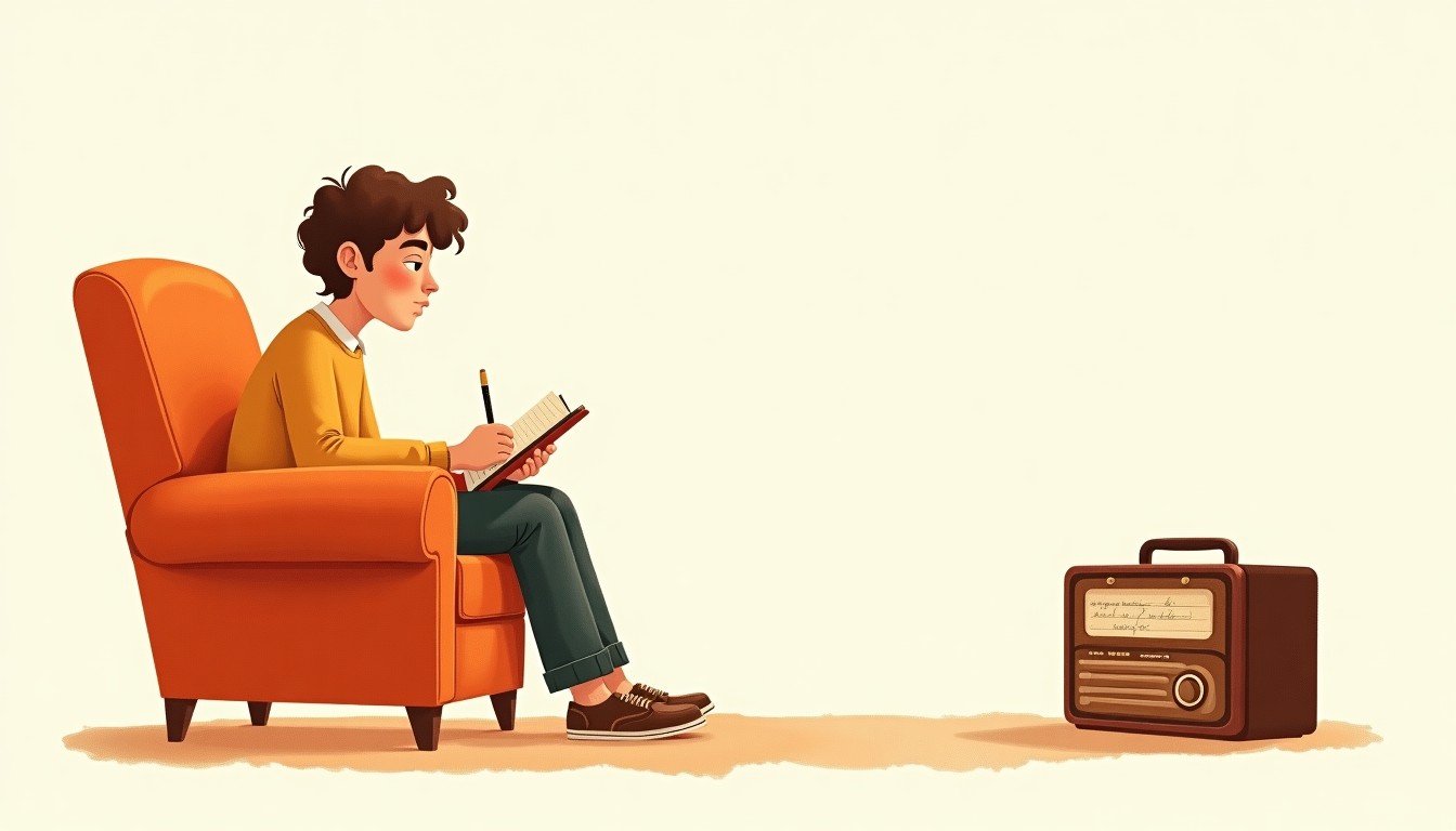 Person actively listening to a radio and taking notes