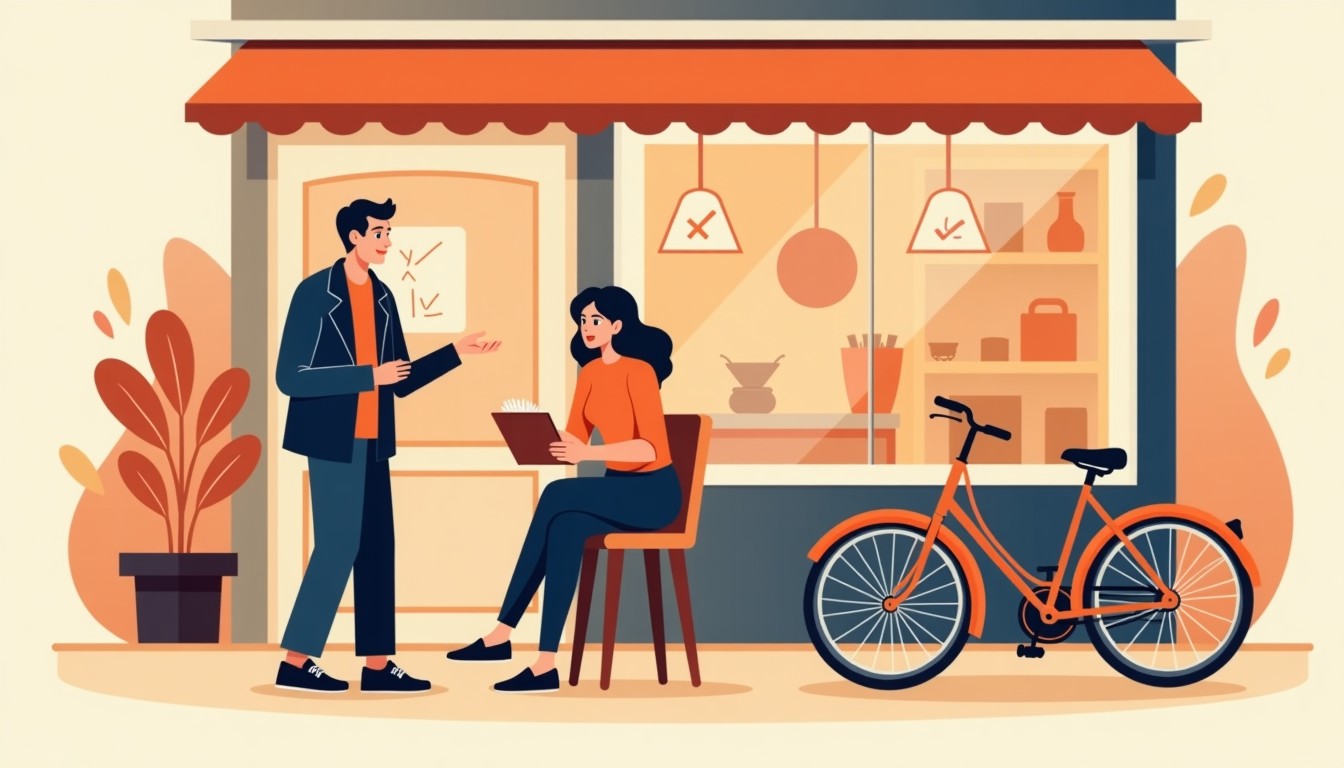 Two people conversing at a cafe, one holding a notebook