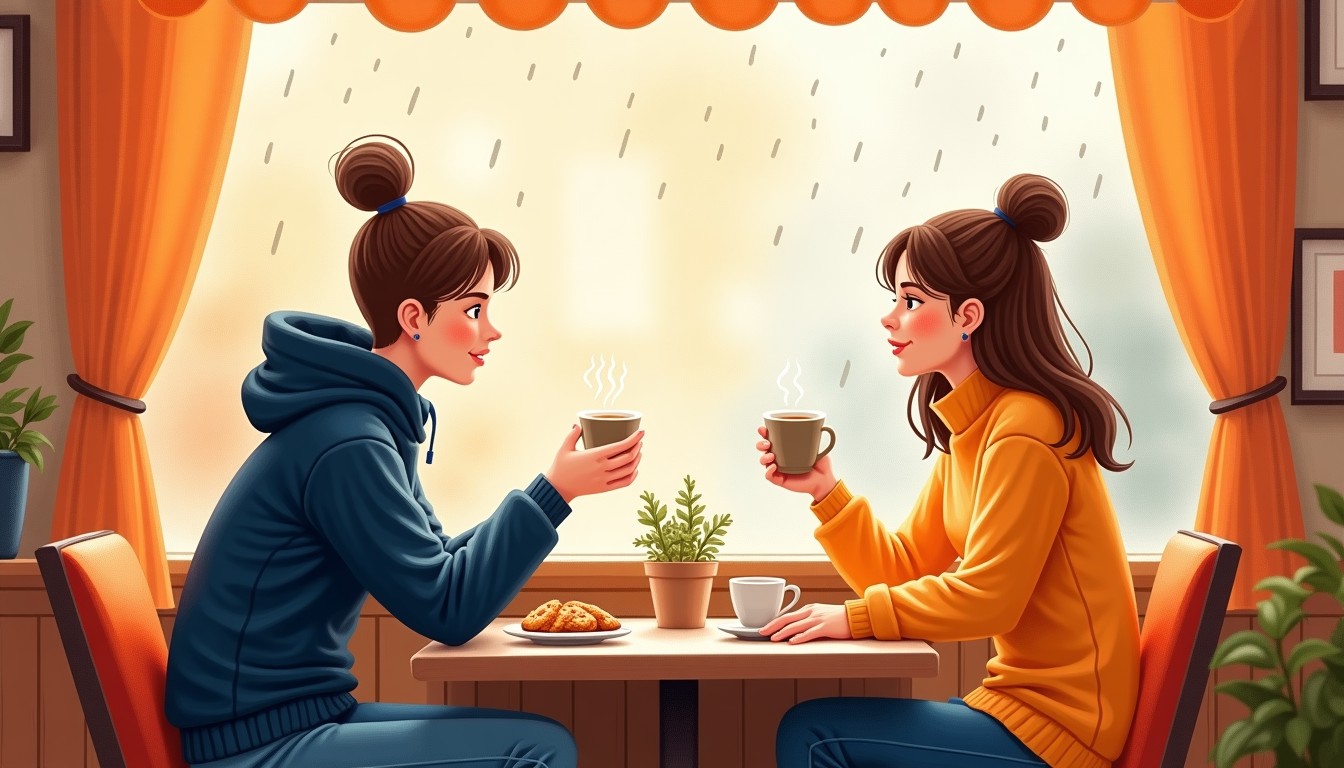 Two people chatting in a cozy Dutch café