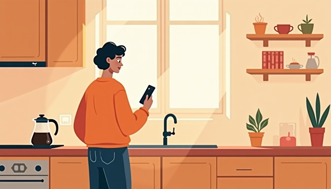 Person pouring coffee while looking at a smartphone.