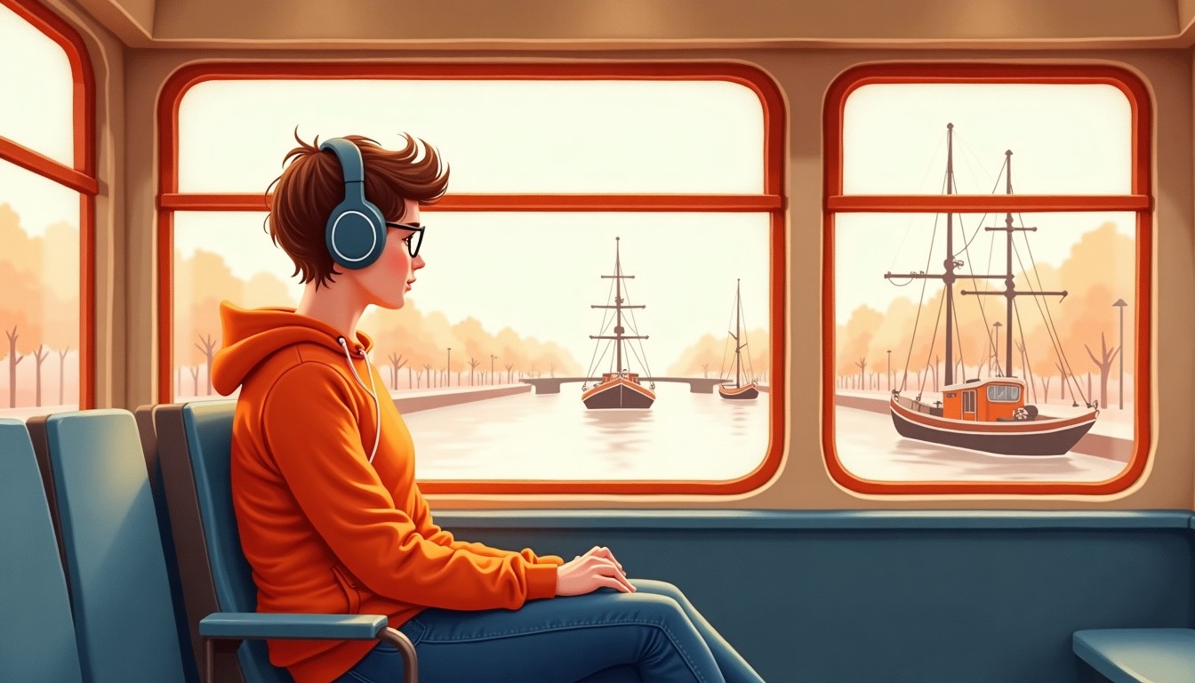 Person listening to headphones while riding a tram.