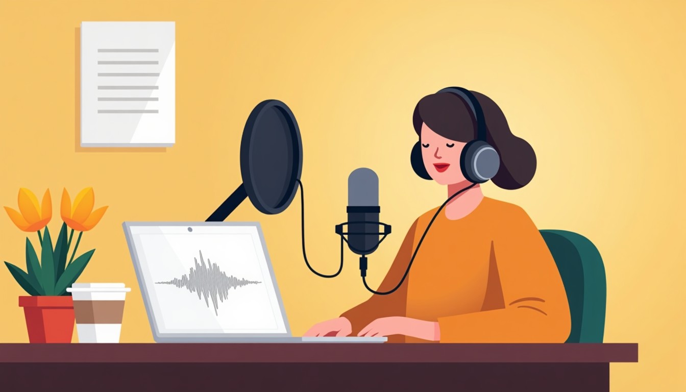 Person recording their voice with a microphone at a desk