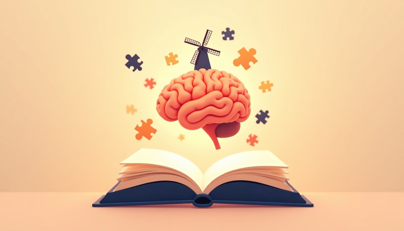 Illustration of a brain balancing puzzle pieces and books