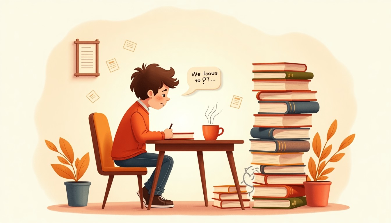 Person feeling overwhelmed by a stack of language books