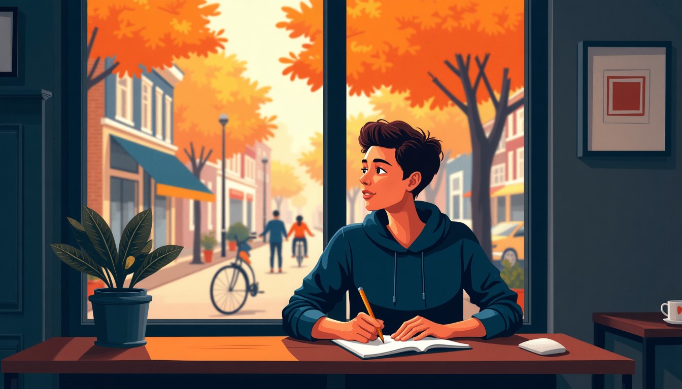 Person writing in a notebook at a cafe