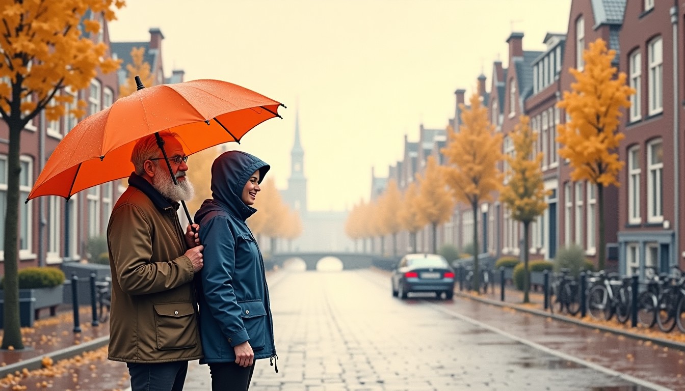 Illustration of a grumpy man in the rain next to a smiling person.