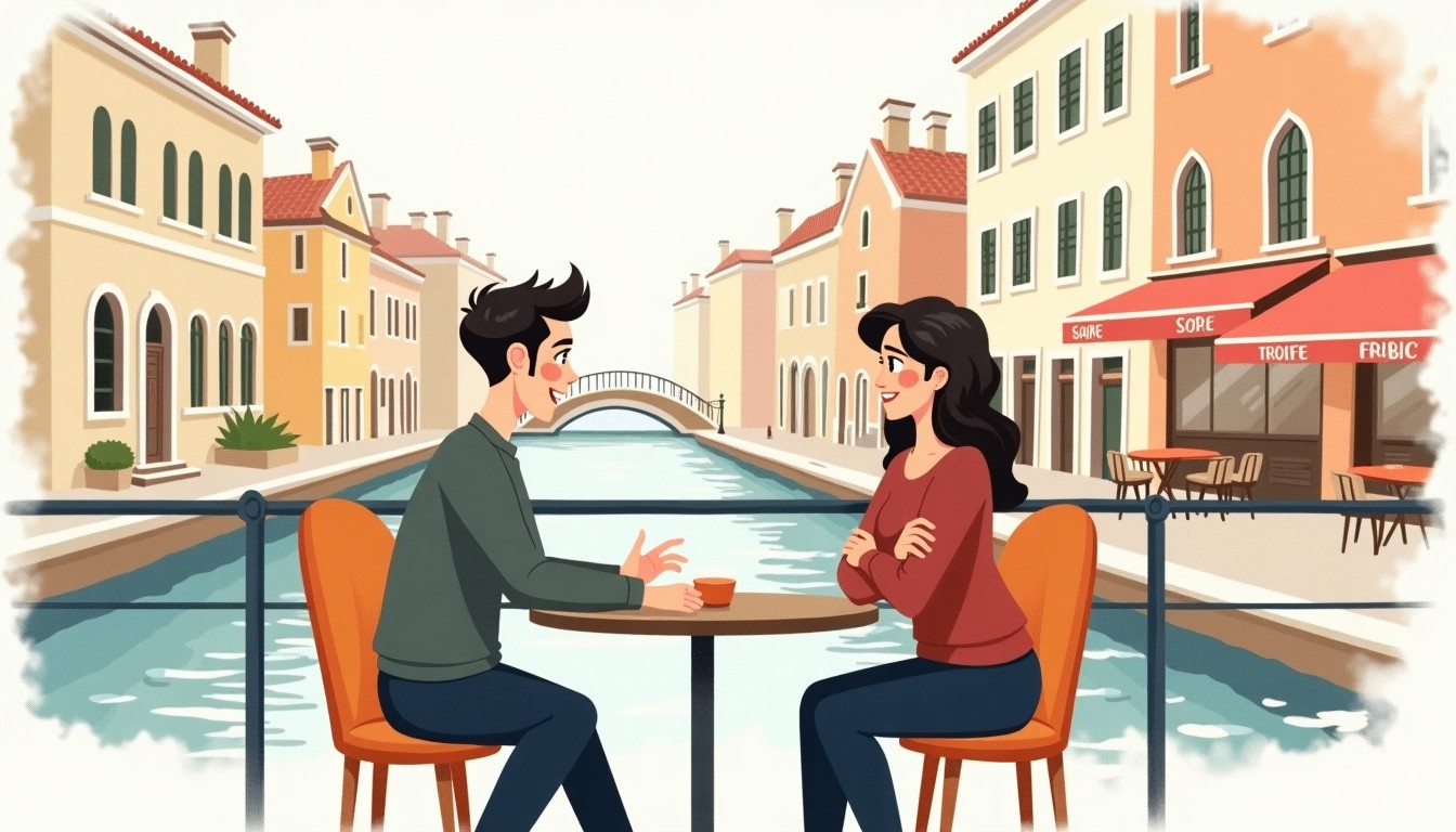 Illustration of a skeptical person listening to a friend at a cafe.