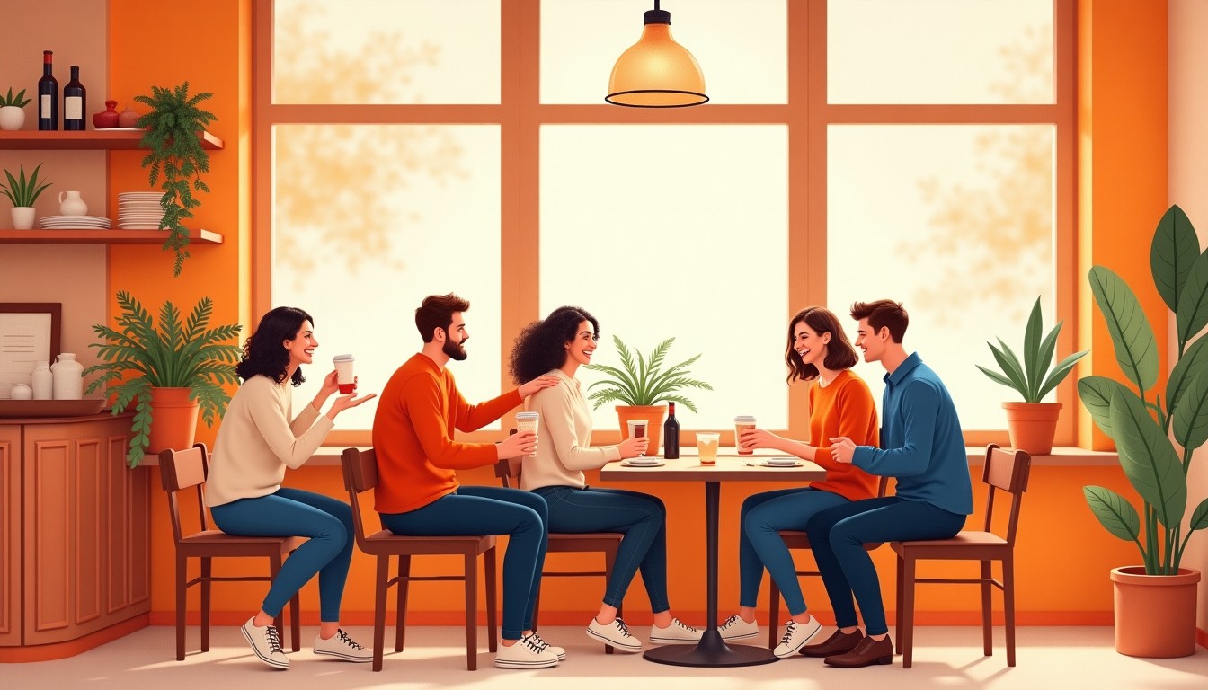Friends in a cozy Amsterdam café, one friend playfully patting another on the back