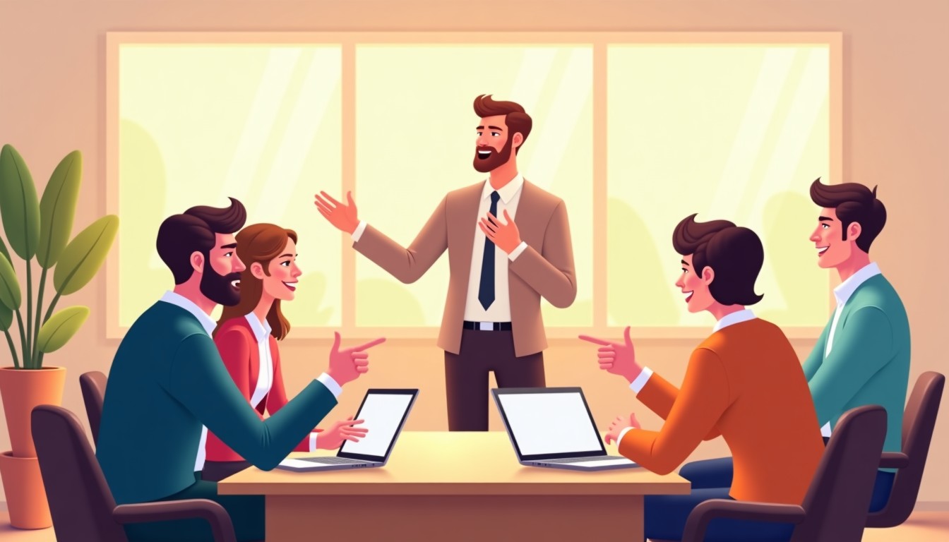 Office meeting with one enthusiastic colleague and others nodding calmly