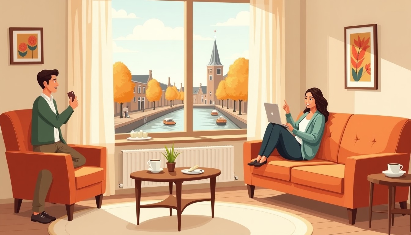 Cozy Dutch living room with a person relaxing and a canal view outside