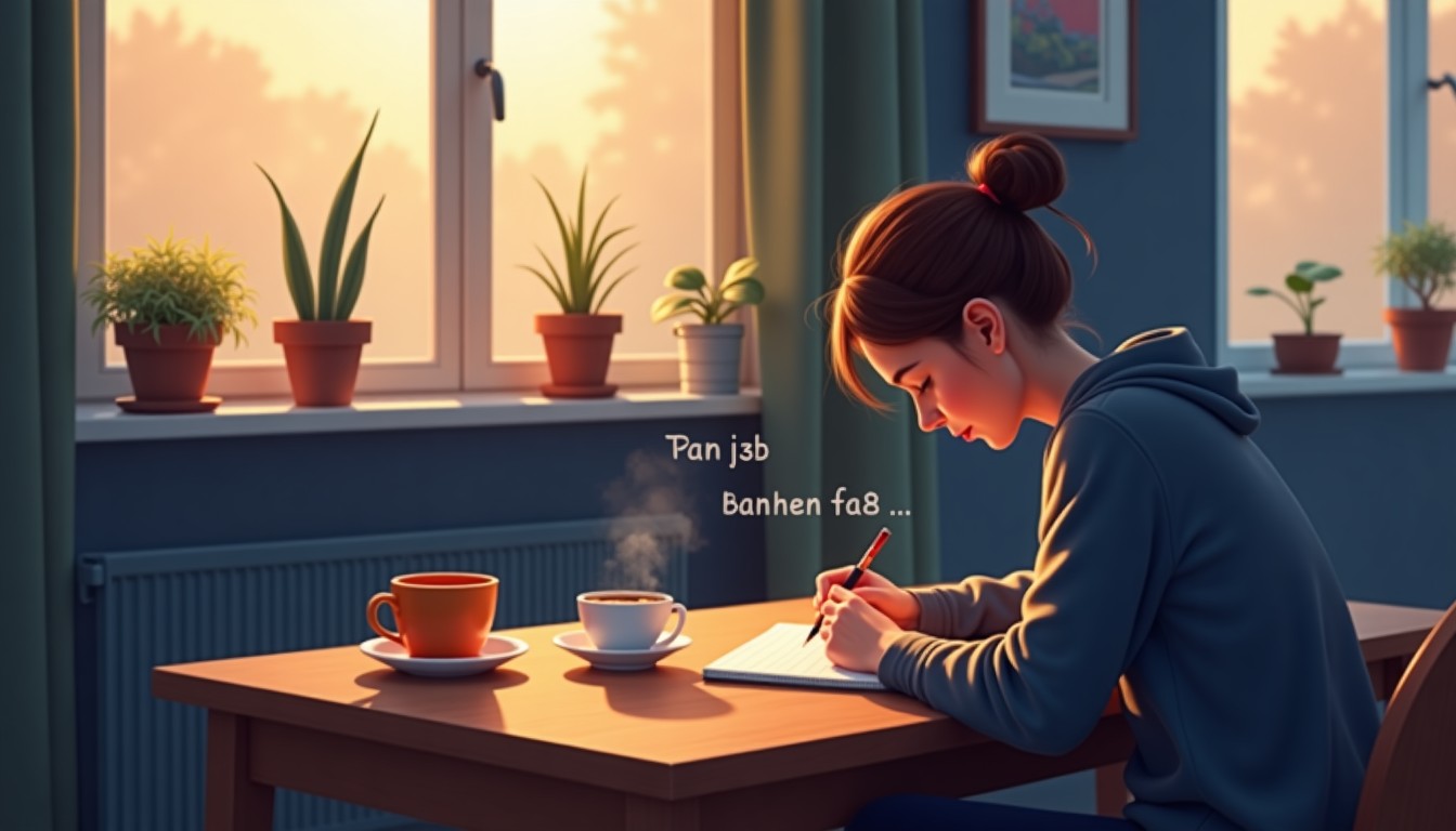 A person writing in a journal at a table in a cozy Dutch living room.