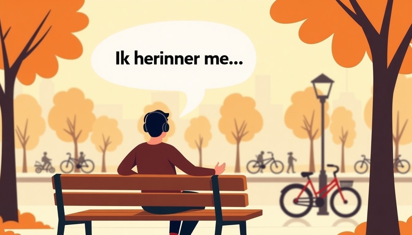 A person on a park bench in Amsterdam, listening to a podcast and thinking of a Dutch sentence.