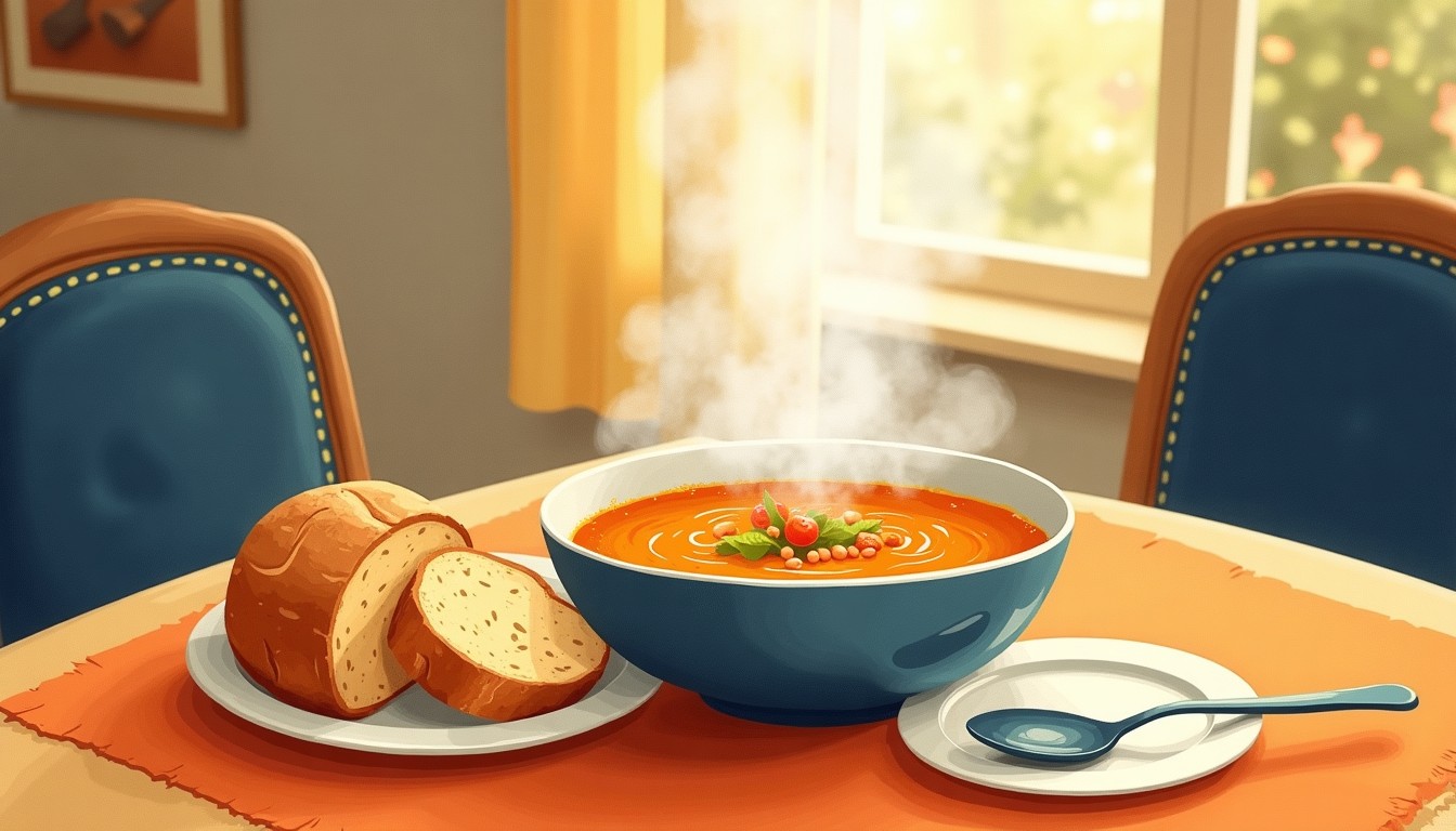 A cozy Dutch dinner table with a bowl of pea soup and bread