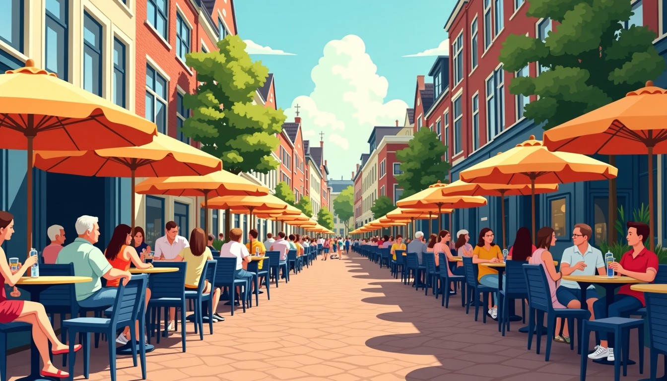 A sunny Dutch terrace with people enjoying drinks