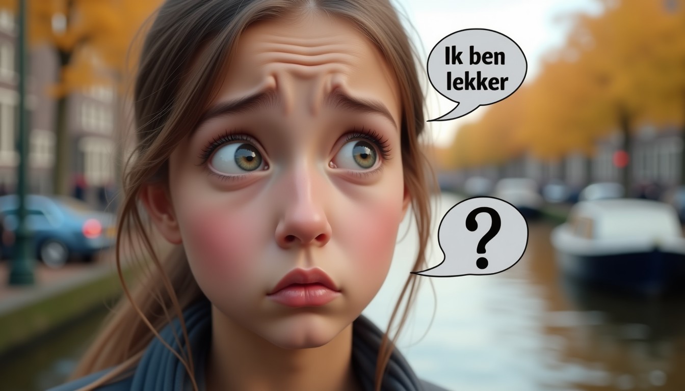 A confused person with speech bubble 'Ik ben lekker'