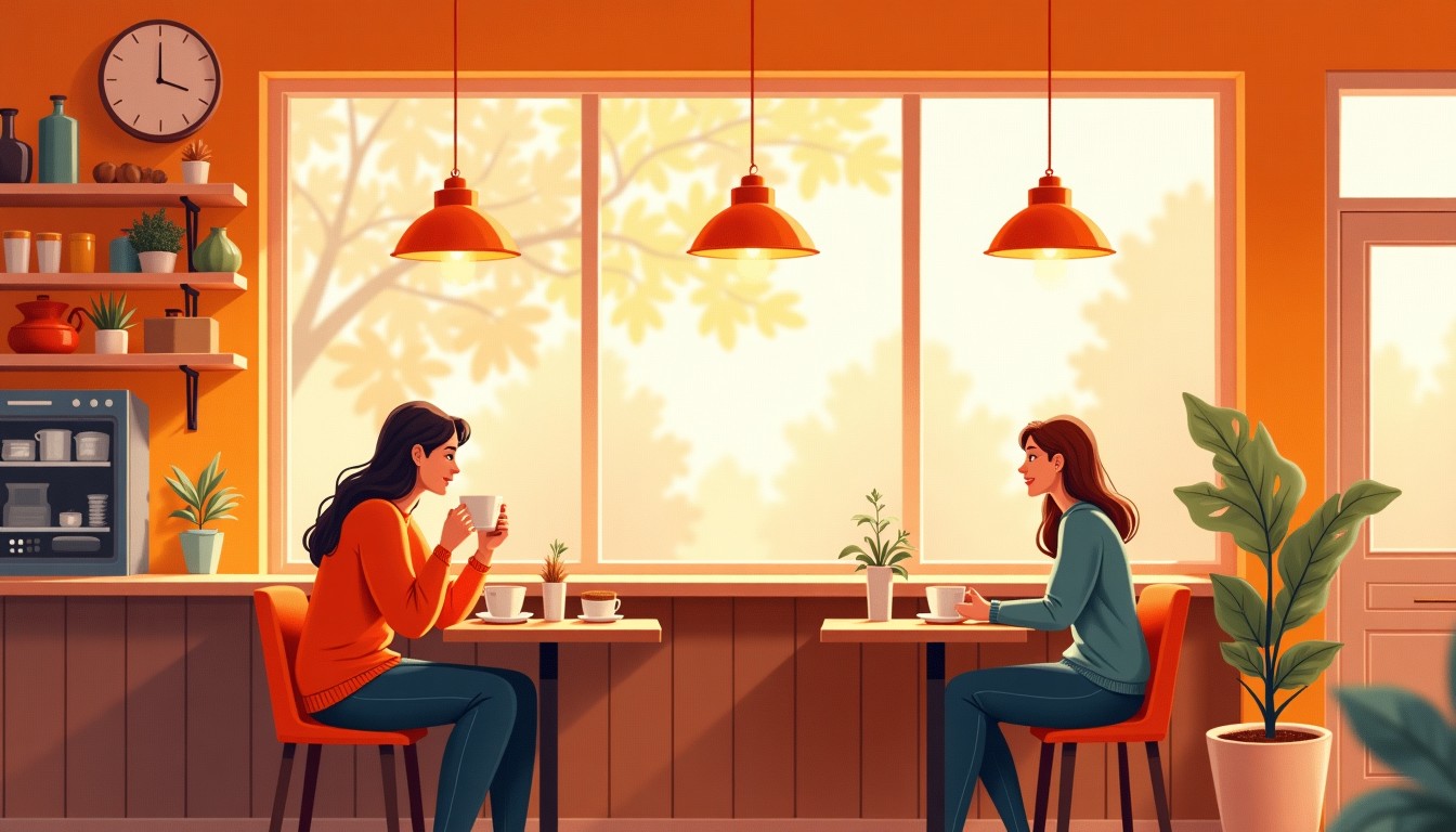 Two friends chatting in a cozy Dutch cafe, one gesturing casually