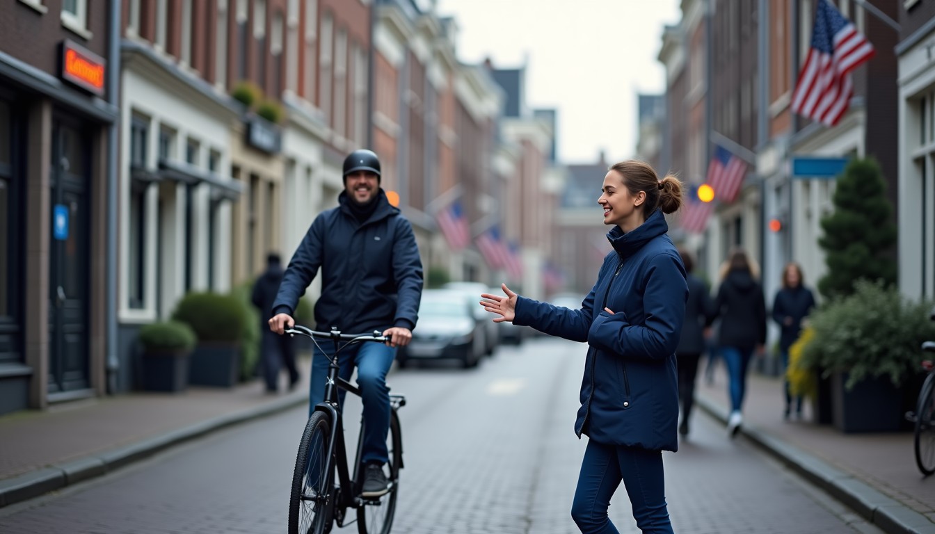 A person on a bicycle shrugging with a smile on a typical Dutch street