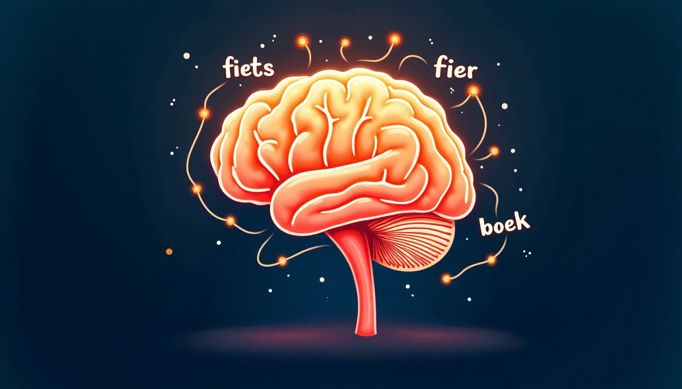 Brain illustration with glowing neural connections between Dutch vocabulary words