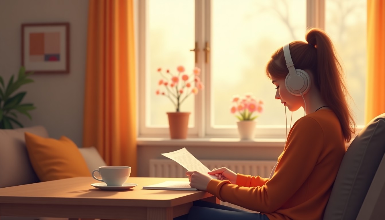 Person in a cozy Dutch living room listening to a podcast and reading a transcript