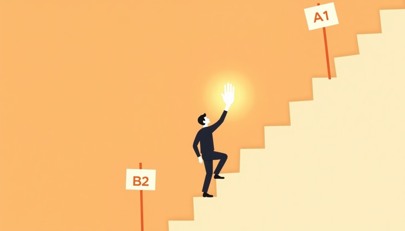 Person climbing a staircase from A1 to B2, reaching toward B2 with a glowing hand