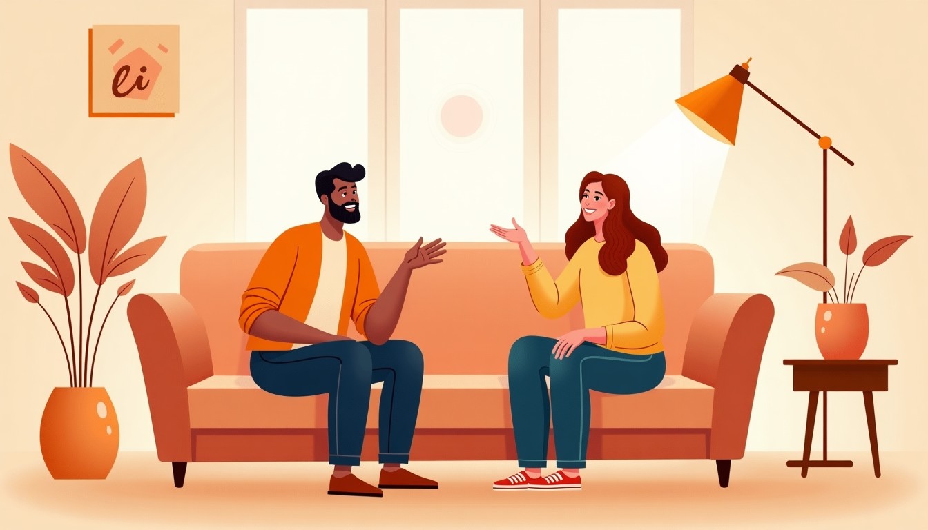 Two friends in a cozy Dutch living room, one gesturing while saying 'hè', the other nodding in agreement