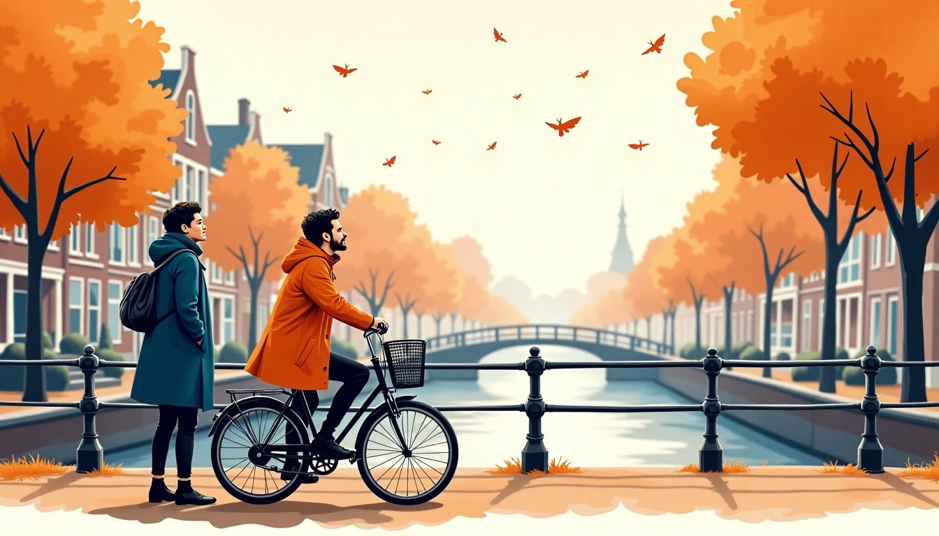 A cyclist and a pedestrian on a rainy Dutch street, sharing a complaint about the weather