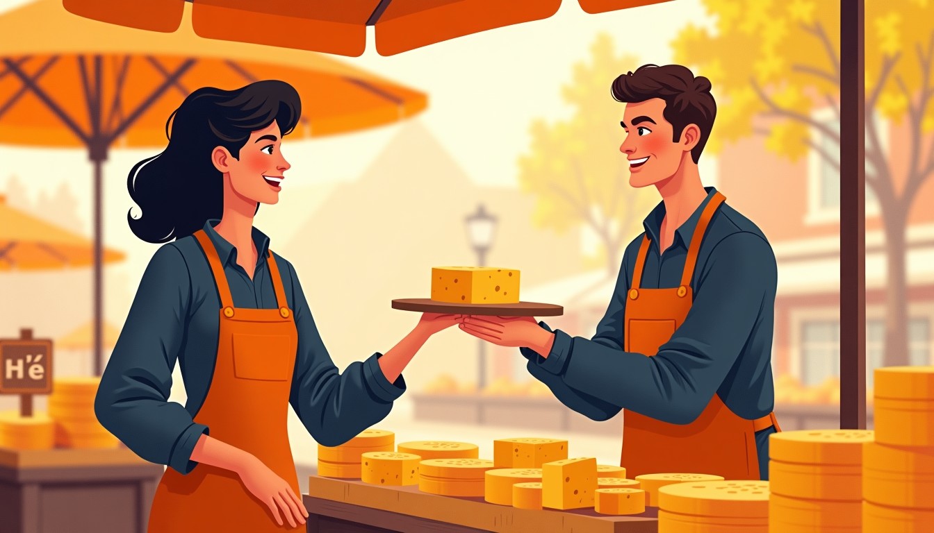 A cheese vendor and customer at a Dutch market, the customer saying 'hè' while smiling