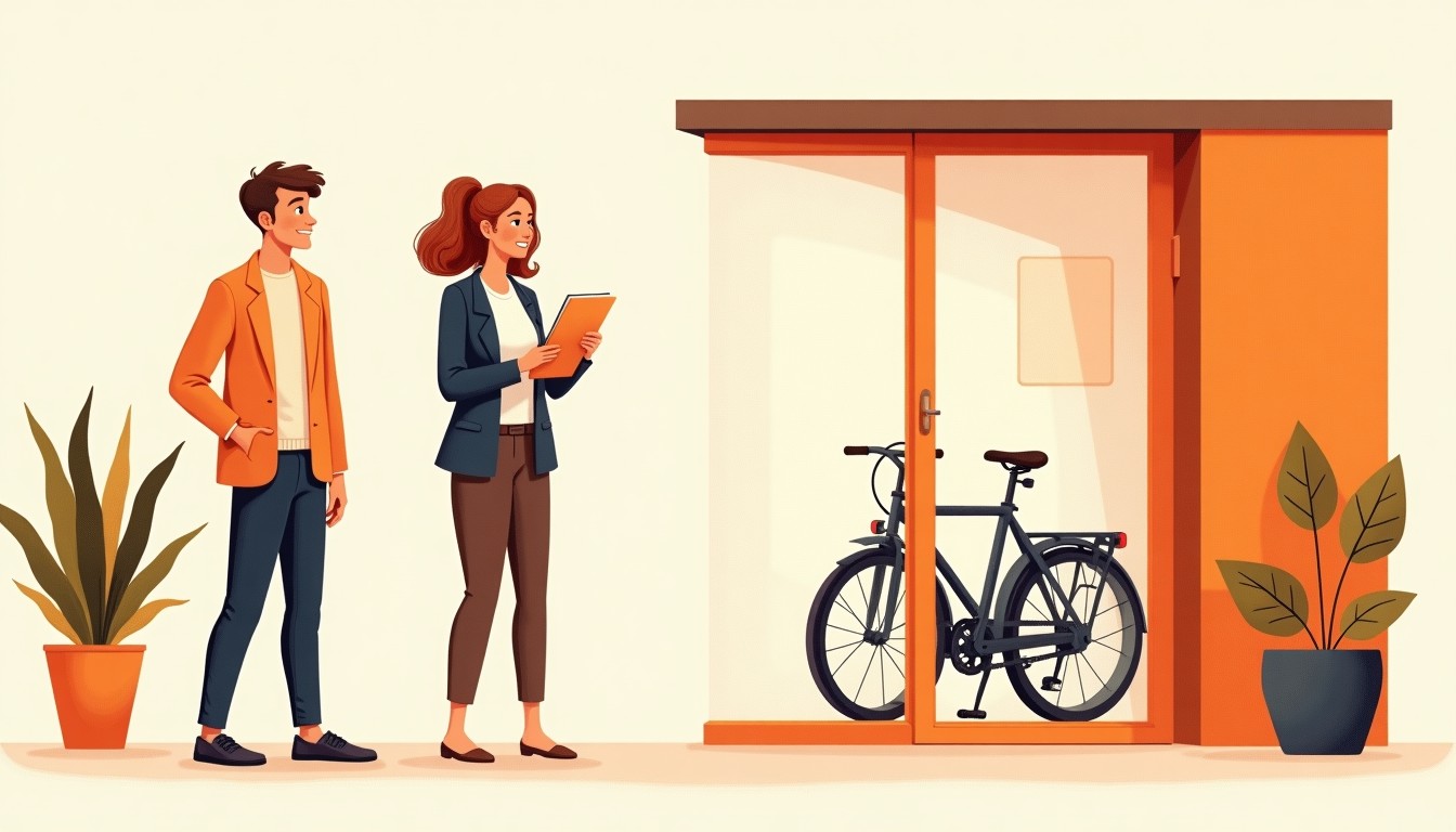 A woman in a blazer holding a planner looks at a confused colleague in a Dutch office with a bicycle inside.