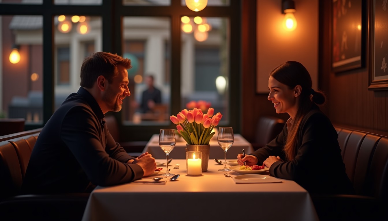 A candlelit dinner for two in a Dutch restaurant with tulips on the table, the couple smiling.