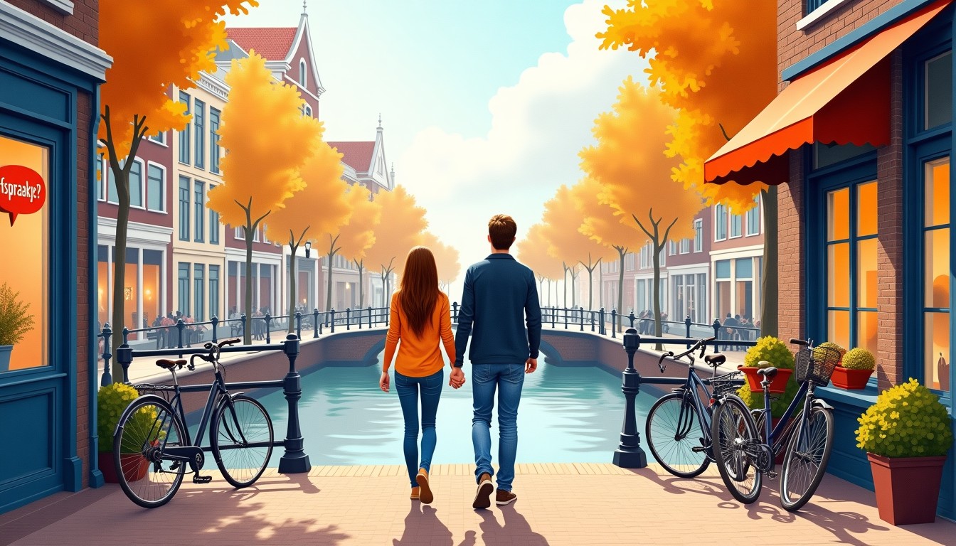 A couple walking hand in hand past a canal in Amsterdam, a cafe sign with 'Afspraakje?' in a speech bubble.