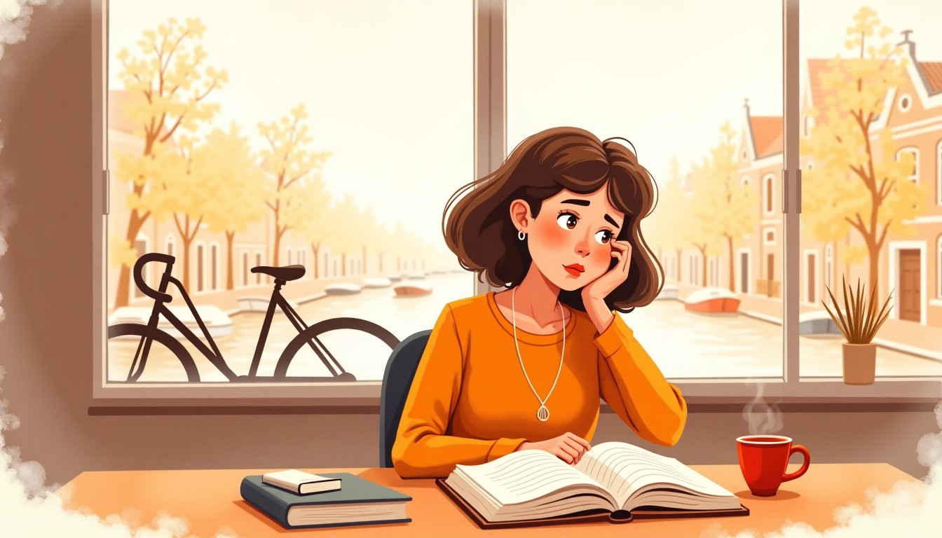 Frustrated learner at desk with Dutch textbook and coffee, canal view outside window