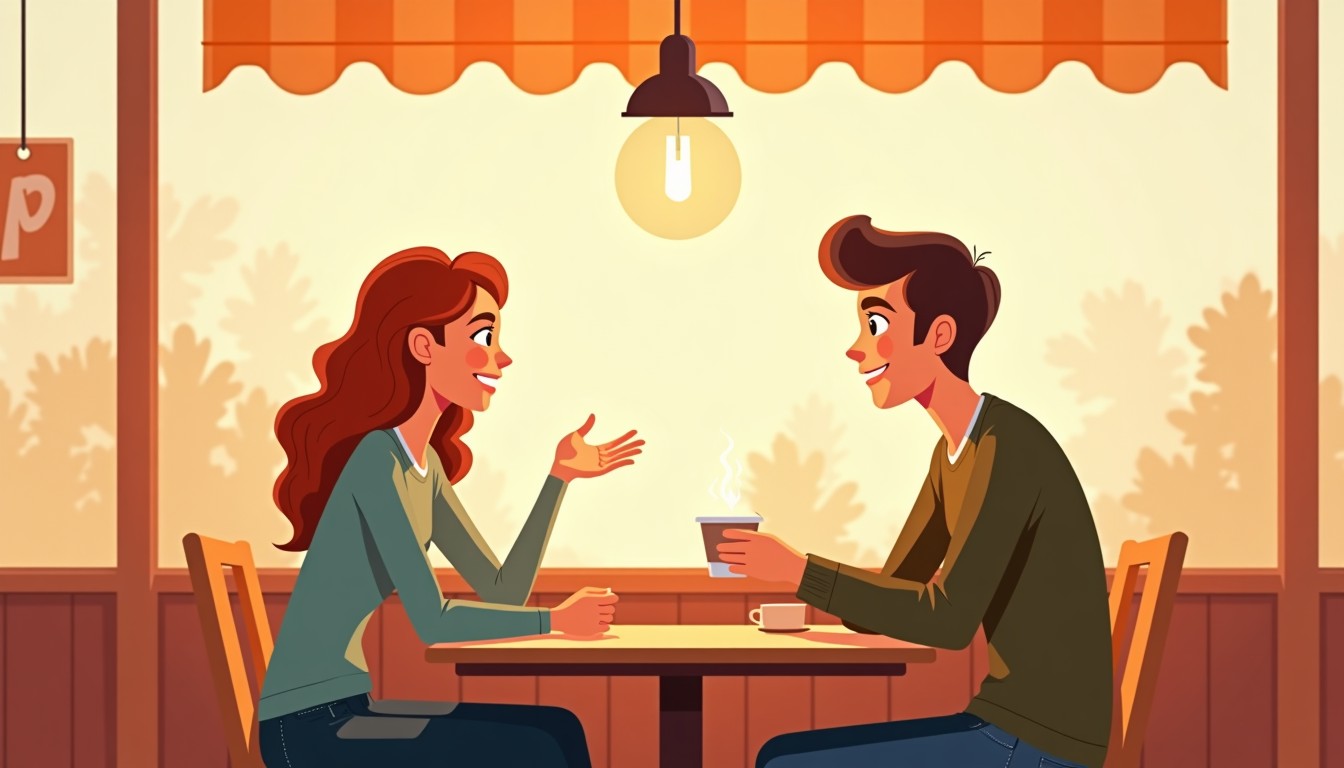 Two friends in a Dutch cafe, one shrugging while the other looks confused