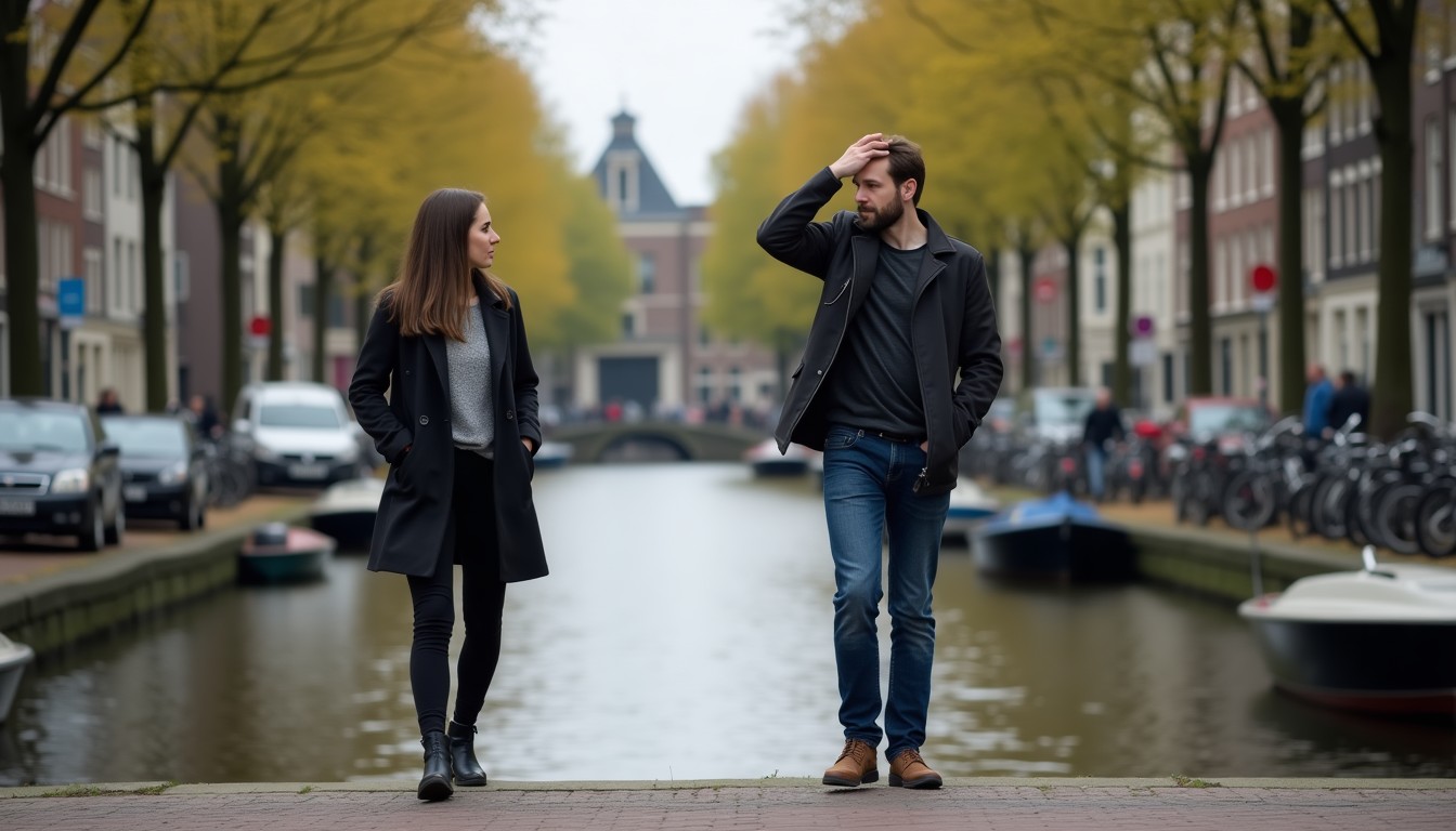 A person walking away from a conversation looking relieved while another person looks puzzled on a Dutch street