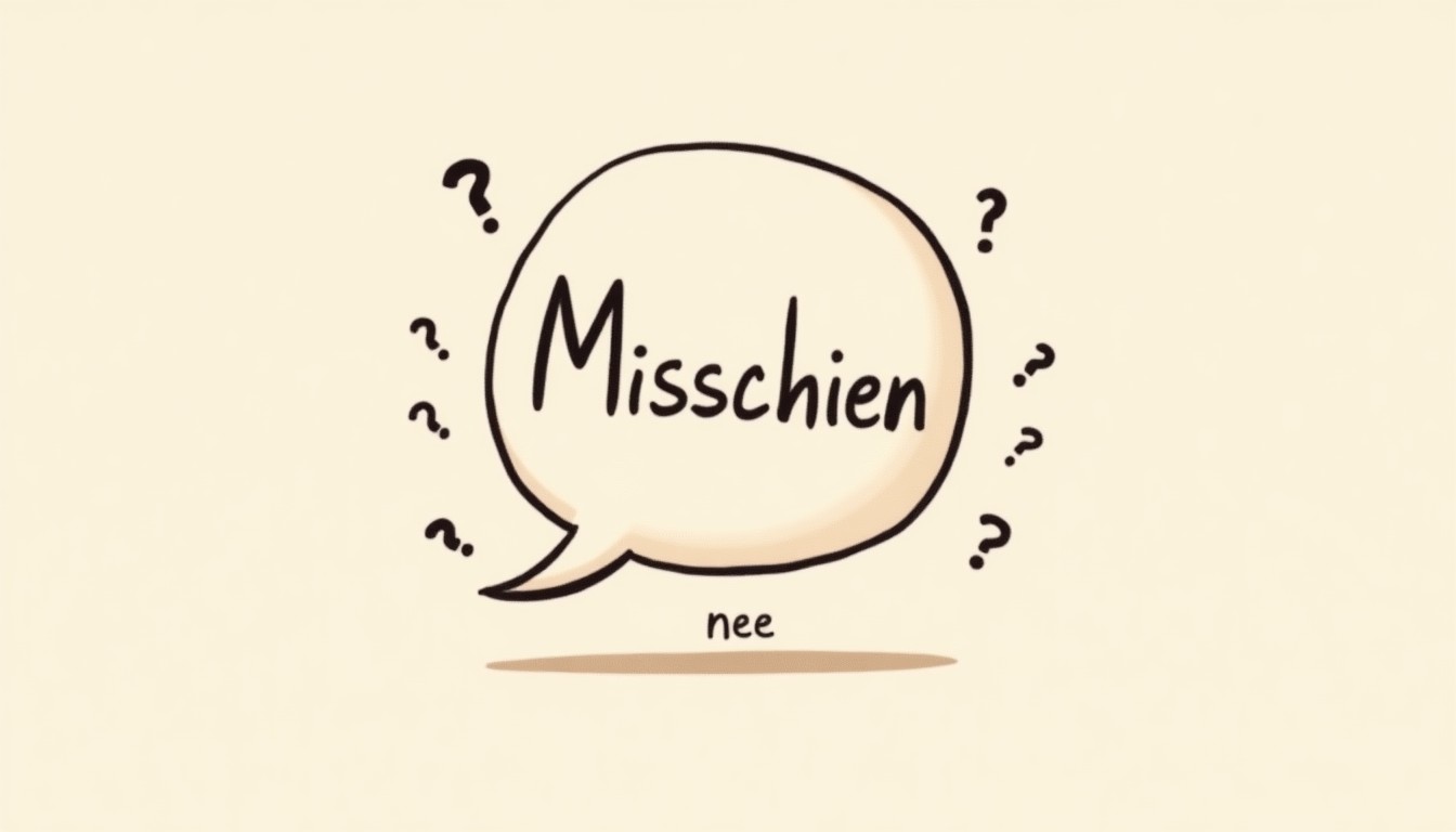 Word bubble with 'Misschien' and faint 'nee' underneath, surrounded by question marks and body language cues
