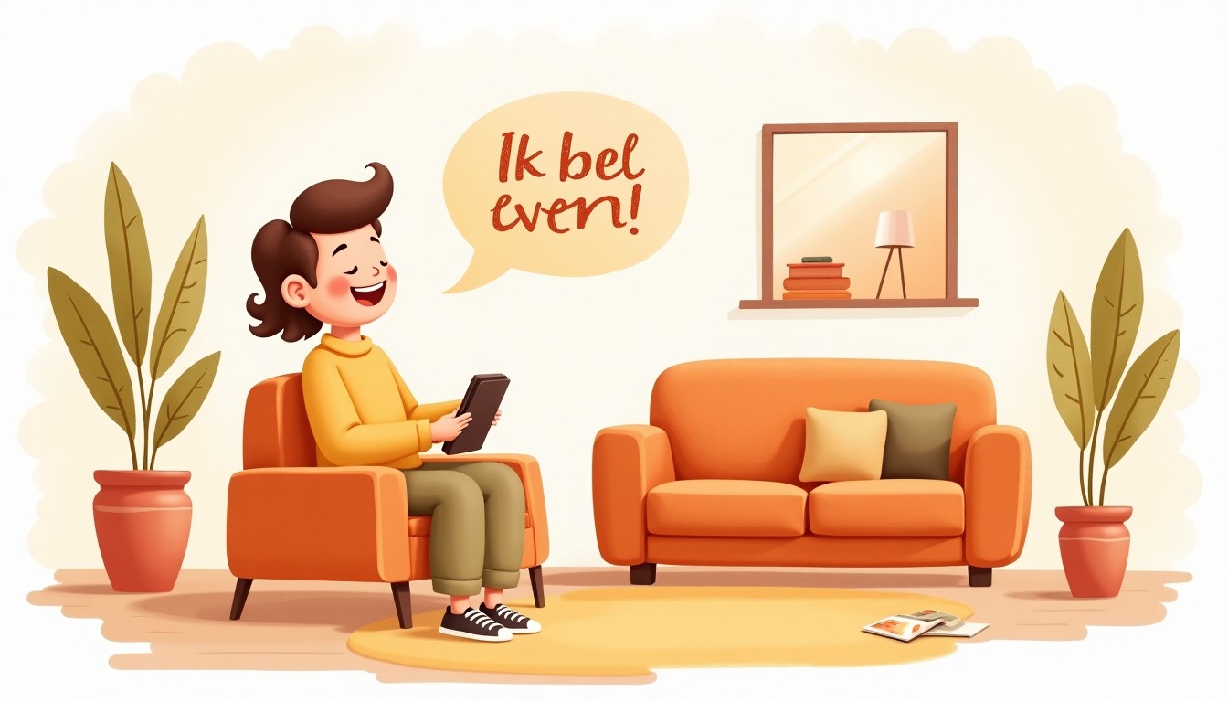 A person sitting on a couch holding a phone, with a speech bubble above showing 'Ik bel even'