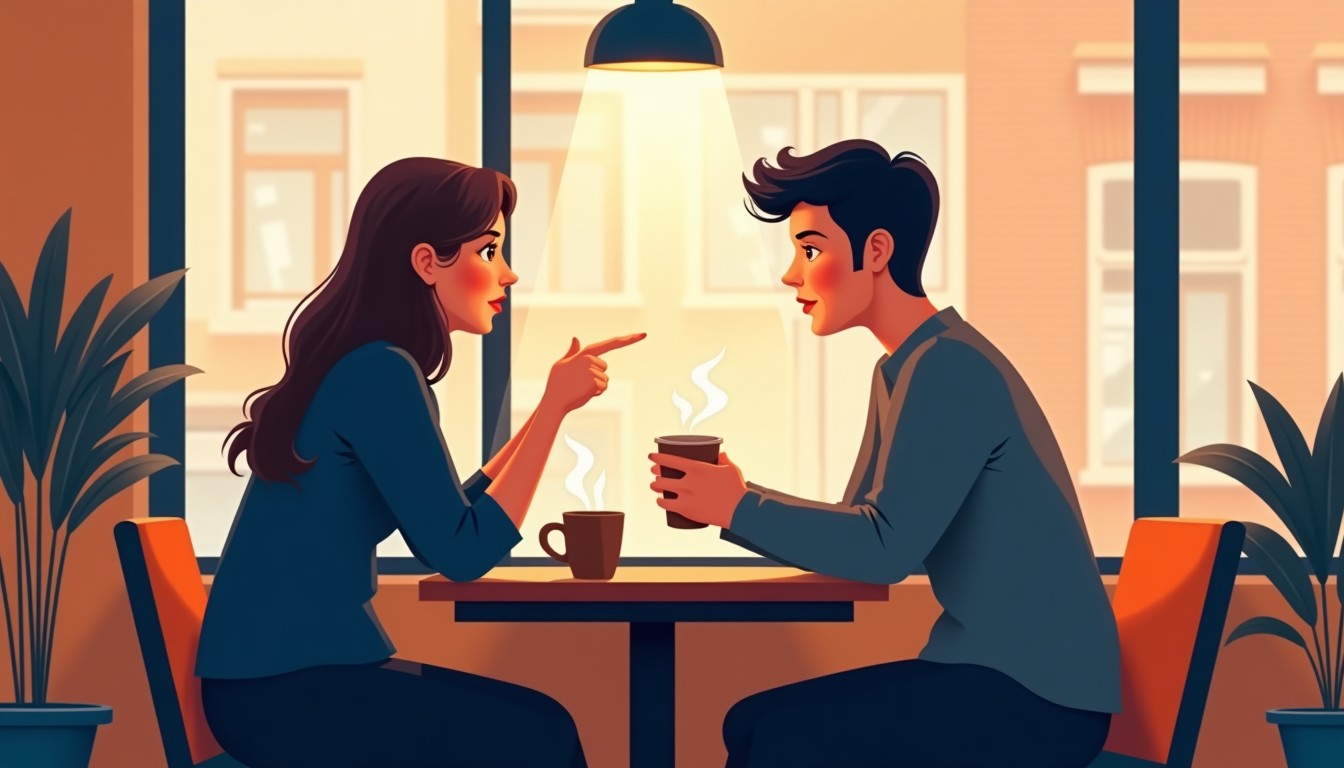Two people sitting at a cafe table, one speaking with a gentle hand gesture, the other nodding