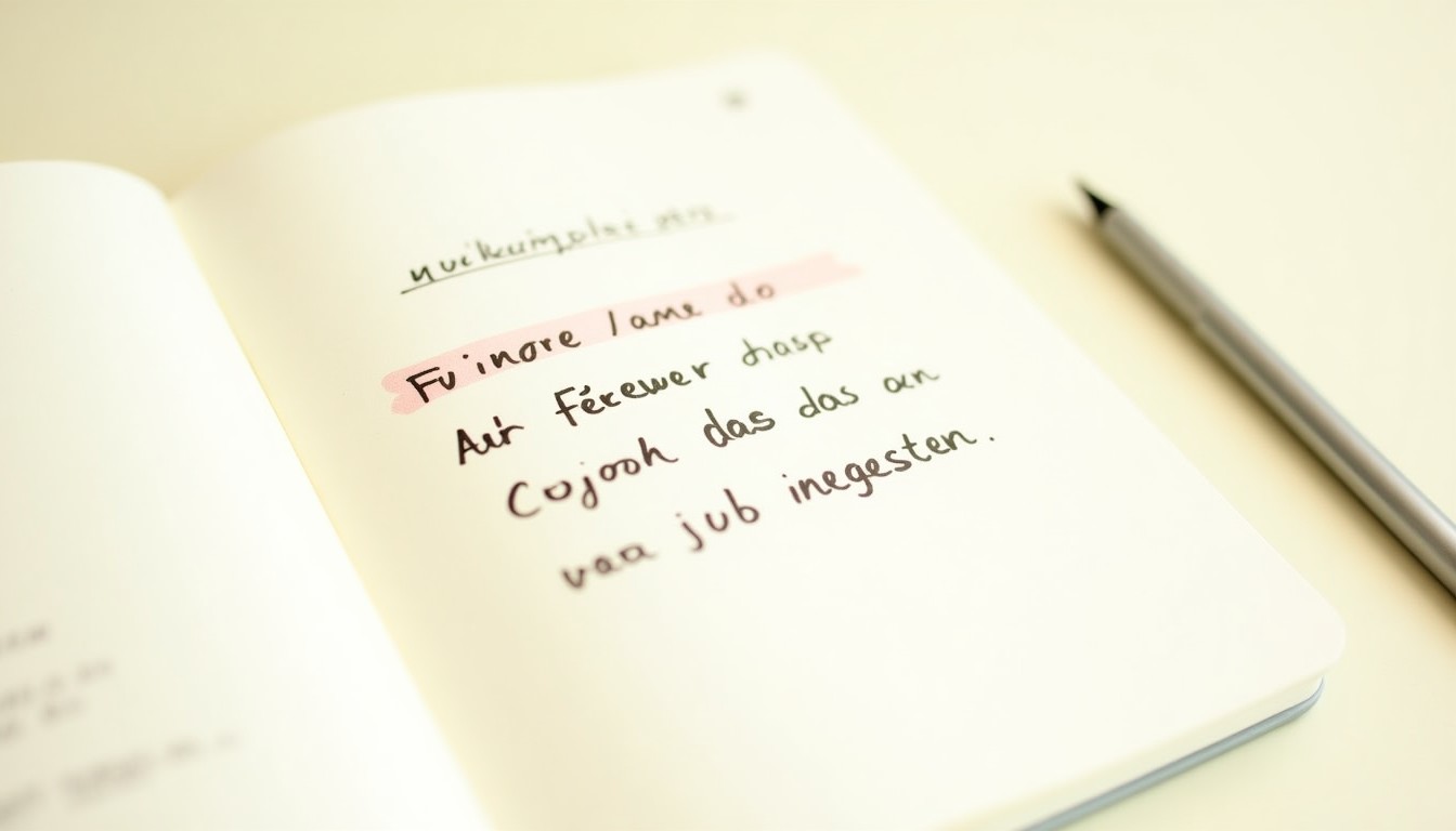 A notebook with handwritten Dutch sentences, some crossed out, with a pen next to it