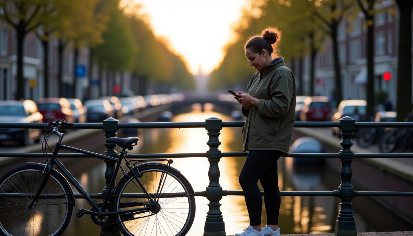 A person standing next to a bicycle on a canal street, looking at their phone with a small smile